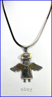 Taxco Sterling Silver Brass 3 Large Wing Angel Pendant, 18 Serpentine Necklace