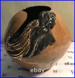 Unusual Art Pottery Large Nude Angel Brown Gold Wings Signed JAB JHB