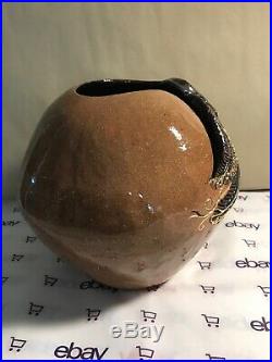 Unusual Art Pottery Large Nude Angel Yarn Bowl Brown Gold Wings Signed JAB JHB