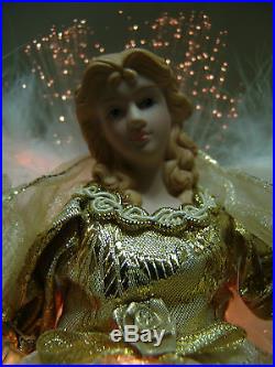 VNTG LARGE FIBER OPTIC ANGEL 12T GOLD WithGOLD TRIM GOWN WHITE FEATHER WINGS