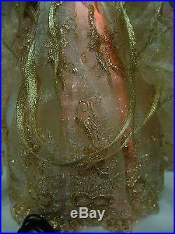 VNTG LARGE FIBER OPTIC ANGEL 12T GOLD WithGOLD TRIM GOWN WHITE FEATHER WINGS