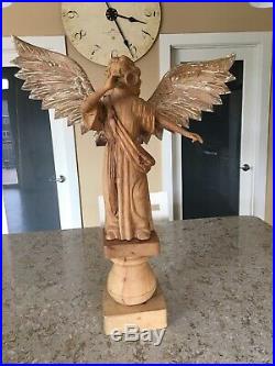 Very Large Vintage Hand Carved Wood Angel w Wings & Horn