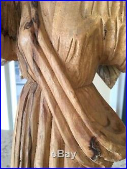 Very Large Vintage Hand Carved Wood Angel w Wings & Horn