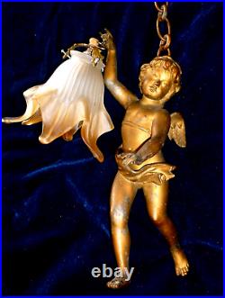 Very Old French Large Antique Chandelier Winged Angel Cherub 38cm Flower Shade