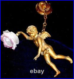 Very Old French Large Antique Chandelier Winged Angel Cherub 38cm Rose Shade