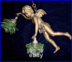 Very Old French Large Antique Chandelier Winged Angel Cherub 38cm Rose Shades