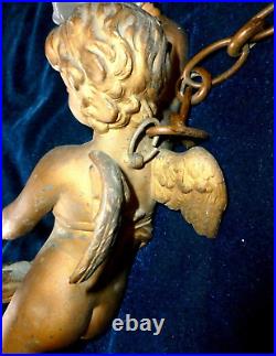 Very Old French Large Antique Chandelier Winged Angel Cherub 38cm Rose Shades