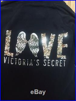 Victoria Secrets L Black Angel Wing Bling LOVE Hoodie Full Zio Sequins