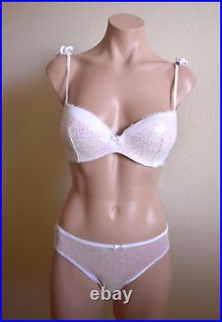 Victoria's Secret L/g White Cheekini Bra Set Ruffle Mini Angel Wing Sequin 34c