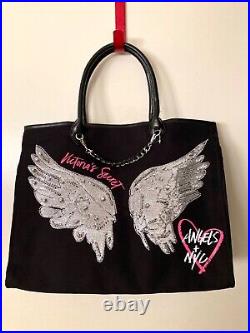 Victoria's Secret Large Canvas Tote Bag Metal Chain And Shiny Angel Wings New