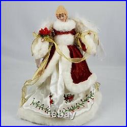 Victorian Angel Tree Topper 18 Tall Porcelain w Embroidered Gown Feather Wings