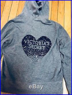 Victorias Secret L Hoodie Angel Wings Heart Gray Sequins Full Zip Sweatshirt