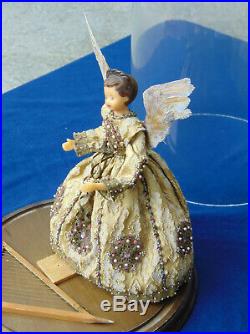 Vintage 12 Doll Winged Harp Playing Angel In Large Cloche Germany Old Estate