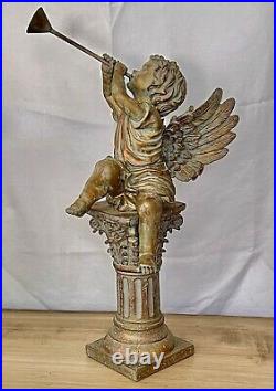 Vintage 1950s French Spelter Winged Cherub on Column Blowing a Horn