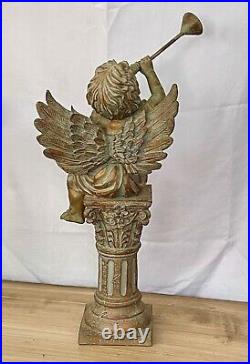 Vintage 1950s French Spelter Winged Cherub on Column Blowing a Horn