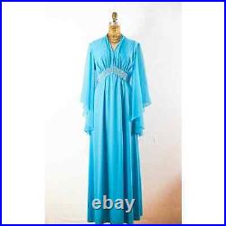 Vintage 70s Aqua Angel Wing Sleeves Maxi Dress, Groovy Rhinestones Pearls, Large