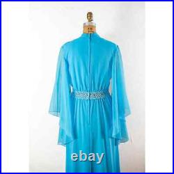 Vintage 70s Aqua Angel Wing Sleeves Maxi Dress, Groovy Rhinestones Pearls, Large