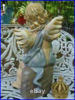Vintage Angel Cherub Statue w Crown Wings Hand Painted Farmhouse OOAK Large 20in