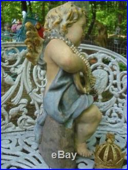Vintage Angel Cherub Statue w Crown Wings Hand Painted Farmhouse OOAK Large 20in