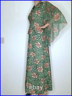 Vintage Angel Wing Maxi Dress Empire Waist Medium Large Bohemian Green Floral