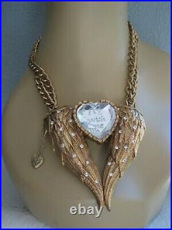 Vintage Betsey Johnson Fly With Me Large Angel Wing Heart Pendant Necklace Rare