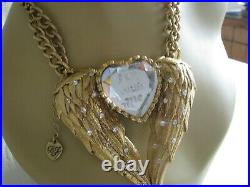 Vintage Betsey Johnson Fly With Me Large Angel Wing Heart Pendant Necklace Rare