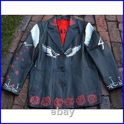 Vintage Black leather blazer with hand painted red, white wings and roses