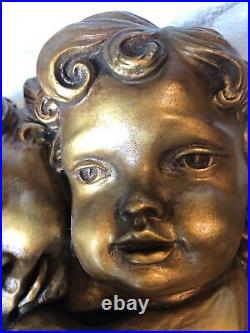 Vintage Ceramic Two Gold Cherub Angel Heads With Wings Larger Wall Art Hanging