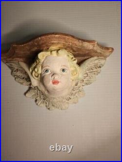 Vintage Cherub Figural Winged Angel Plaster Painted Cast Art Sculpture