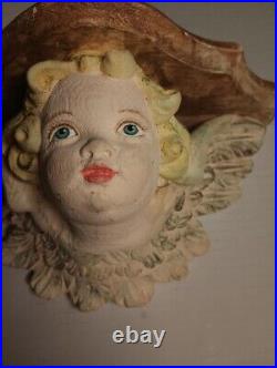 Vintage Cherub Figural Winged Angel Plaster Painted Cast Art Sculpture