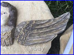 Vintage Early 1900s Large Heavy Carved Wood Cherub Angel Wings Glass Eyes