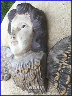 Vintage Early 1900s Large Heavy Carved Wood Cherub Angel Wings Glass Eyes
