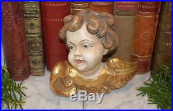 Vintage German Carved Wood Large Cherub Angel Head with Wings Painted and Gilded