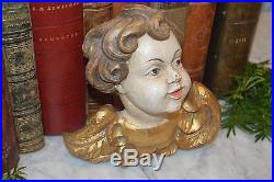 Vintage German Carved Wood Large Cherub Angel Head with Wings Painted and Gilded