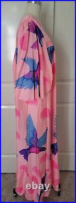Vintage Hanae Mori 1970's Rare Exotic Bird & Circle Motif Maxi Dress Pink Blue