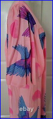 Vintage Hanae Mori 1970's Rare Exotic Bird & Circle Motif Maxi Dress Pink Blue