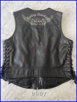 Vintage Harley Davidson Womens Black Leather Embroidered Wings Vest Sz L Biker