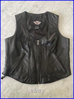 Vintage Harley Davidson Womens Black Leather Embroidered Wings Vest Sz L Biker