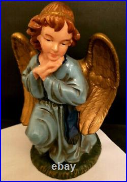 Vintage Large Blue Adoring Angel Christmas Nativity Figure Statue Gold Wings