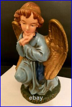 Vintage Large Blue Adoring Angel Christmas Nativity Figure Statue Gold Wings