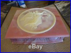 Vintage Large Genuine Incolay Stone Trinket Box Mauve Ivory Angel n Winged Child