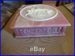 Vintage Large Genuine Incolay Stone Trinket Box Mauve Ivory Angel n Winged Child