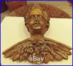 Vintage Large Gold Painted Cherub Angel Decorative Bust/wings 18 H X 17 1/2 W