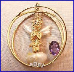 Vintage Large Ruser Style 14k Gold Angel Pendant with Pearl Wings & Cloud