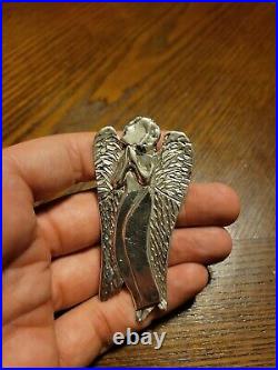Vintage Large Sterling Silver Winged Angel Necklace Pendant