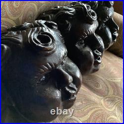 Vintage Large Three Putti Angel Cherub Heads With Wings And Glass Eyes