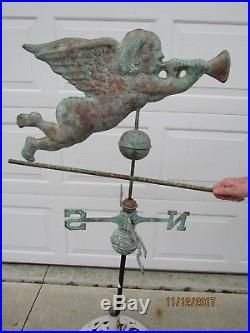 Vintage Large Weather Vain Of Copper Winged Angel Tooting Its Horn