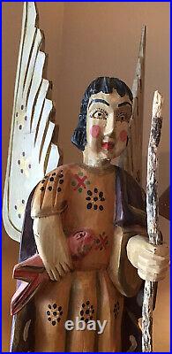 Vintage Large Wooden Carved Handmade Religious Saint Raphael Winged Large 29.5