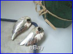 Vintage Modernist Large Solid Sterling Silver Angels Wings Onyx Earrings Goth