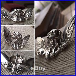 Vintage Victorian Winged Cherub Cupid Angel Large 3D Sterling Silver Pendant